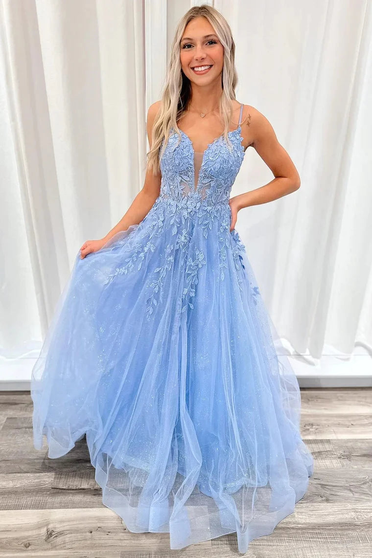 Light Blue Tulle Appliques Plunge V A-Line Long Prom Dress