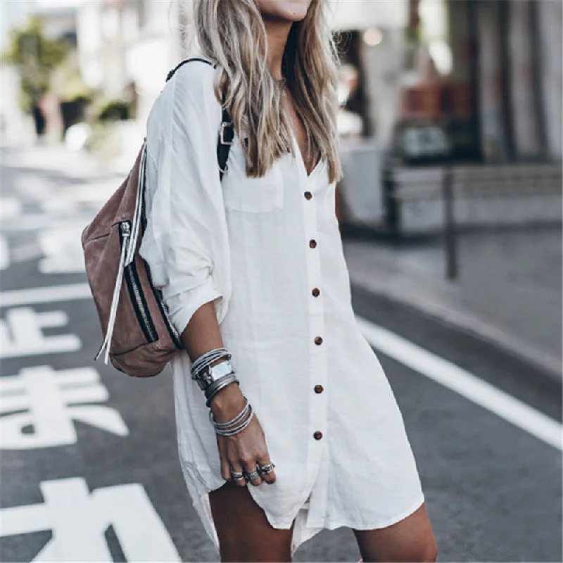 Julia Fashion - Women Casual Long Sleeve Button Down Loose Shirt Dress