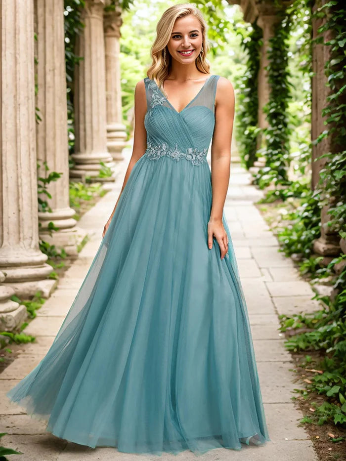 See-Through Shoulder Strap Flower Decoration Tulle Bridesmaid Dress