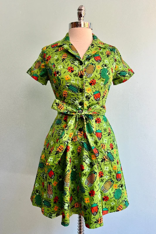 Green Bug Shirtwaist Mini Dress by Eva Rose