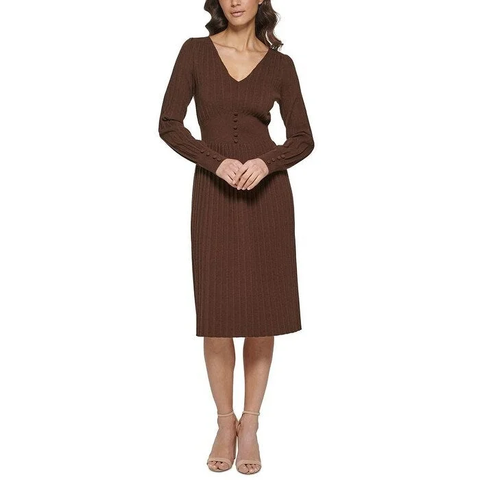 Kensie Women's Pintuck Long Sleeve Sweater Knit Dress Brown Size Medium