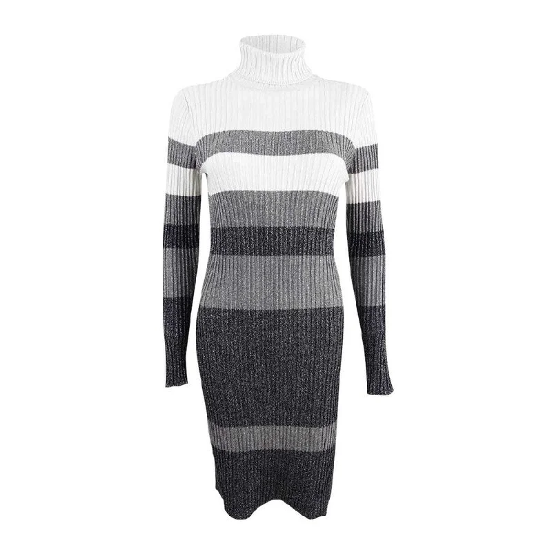 Calvin Klein Women's Metallic Striped Turtleneck Sweater Dress