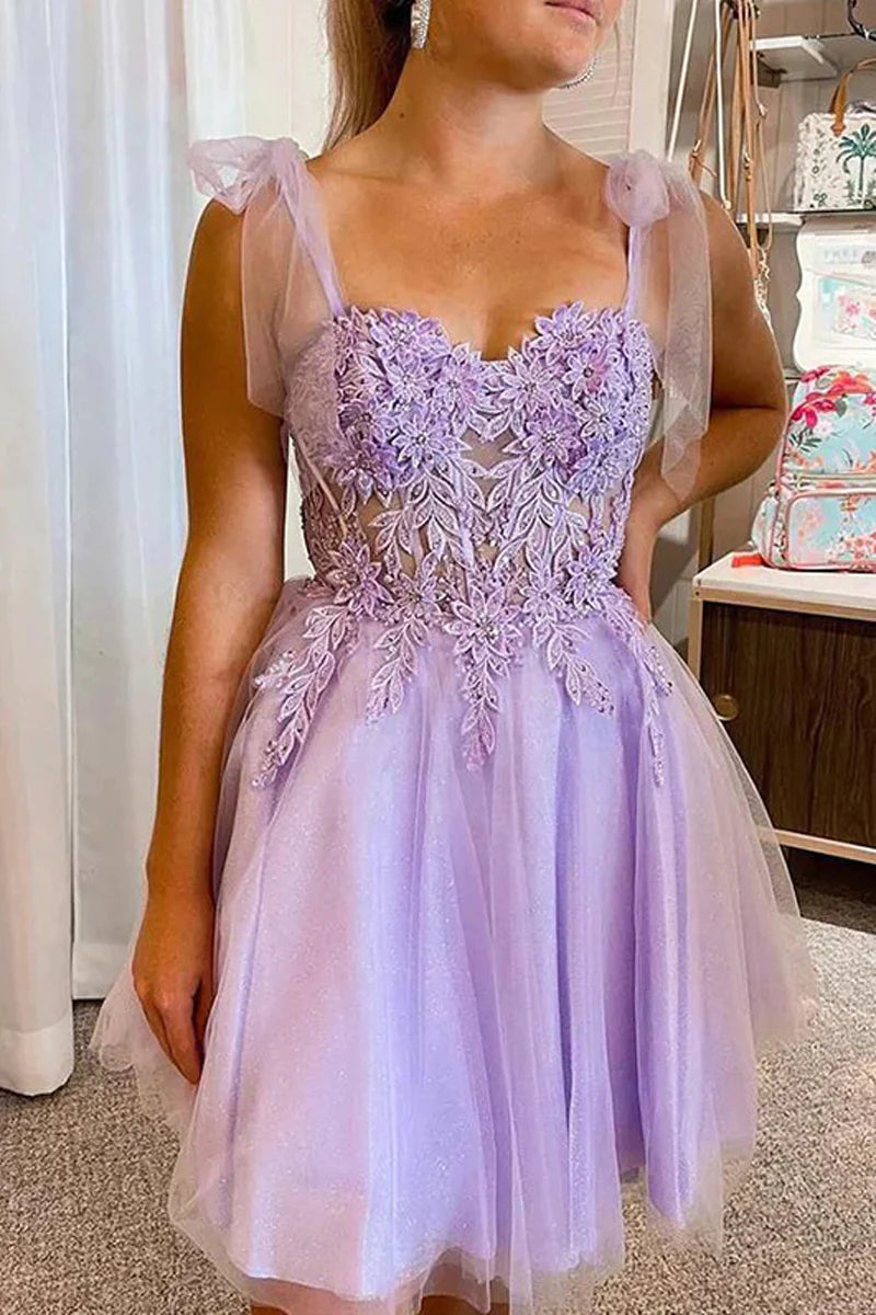 Lilac Tulle Lace A-Line Sweetheart Short Homecoming Dresses