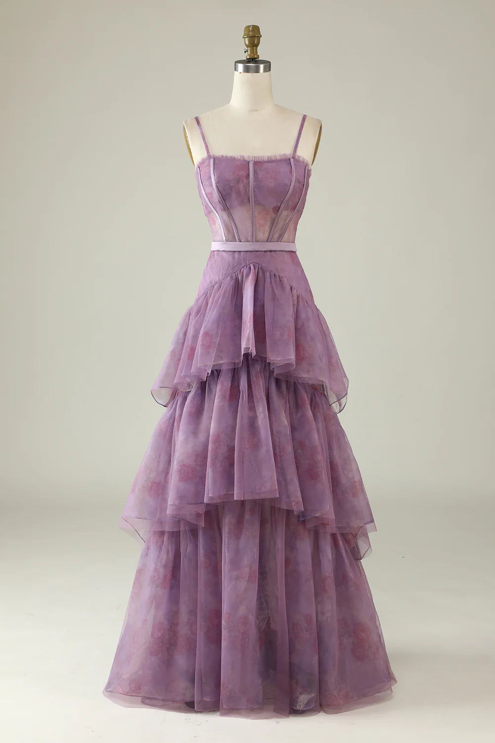 Purple Printed A Line Corset Tiered Tulle Chiffon Prom Dress