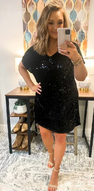 Black Sequin Short Sleeve V Neck Dress