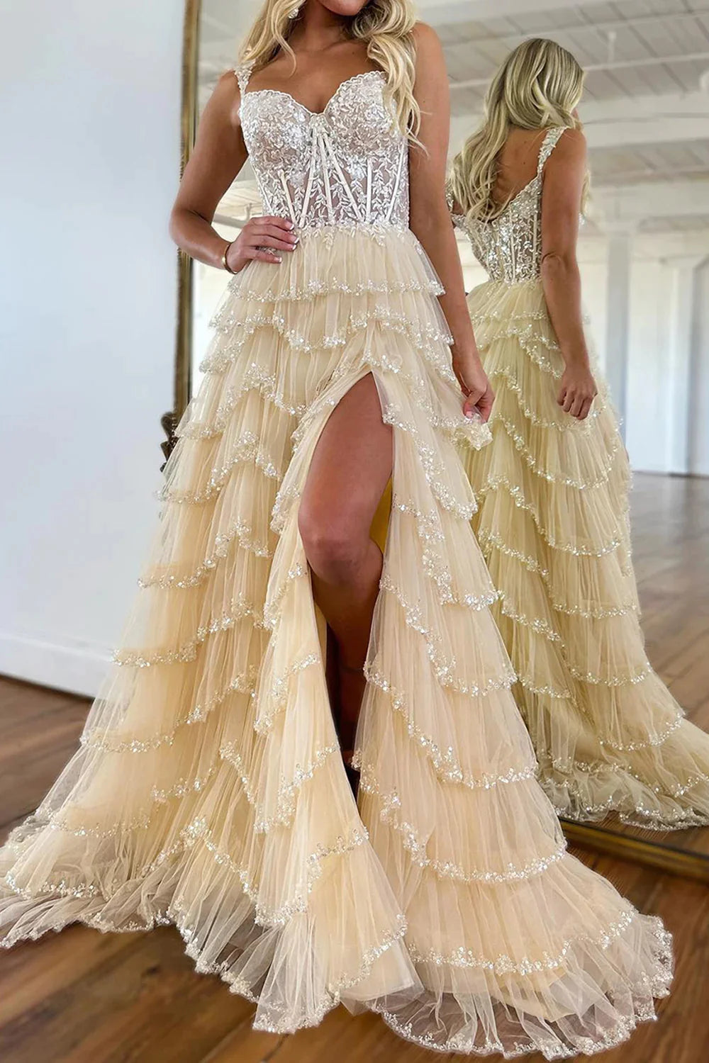 Glitter Beige Corset Tiered Long Tulle Prom Dress with Slit