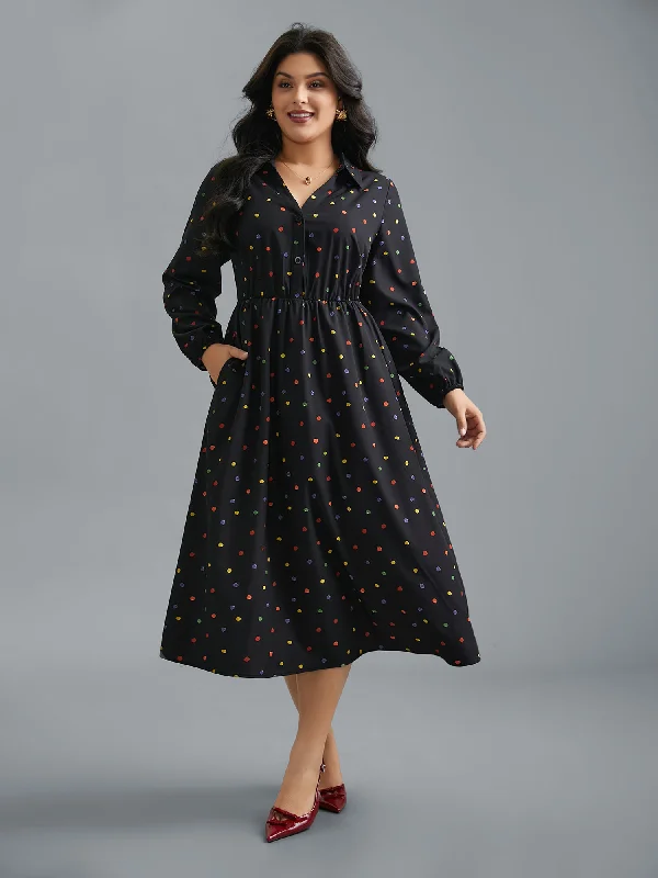 Shirt Collar Colored Polka Dot Dress