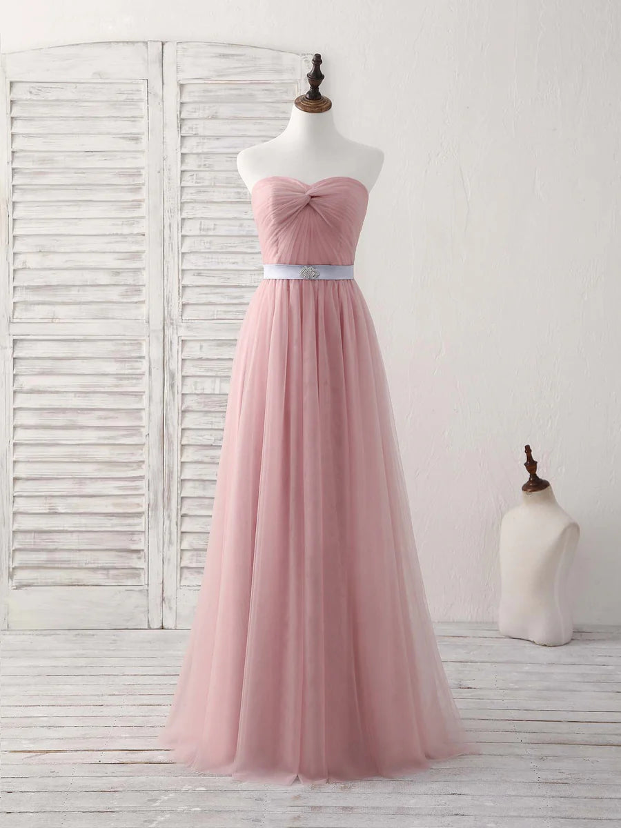 A-Line Pink Sweetheart Neck Tulle Long Prom Dress Bridesmaid Dress