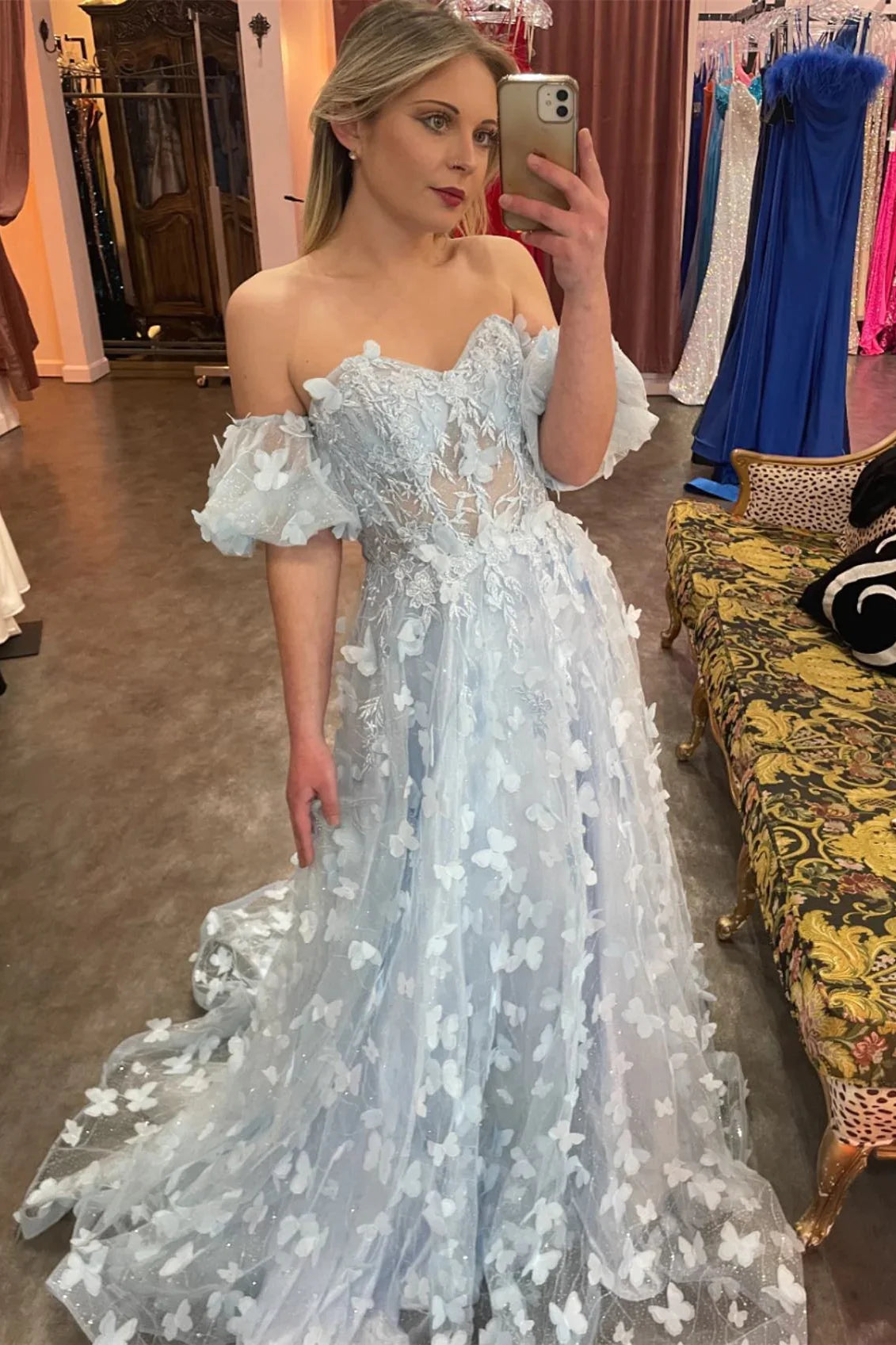 Light Blue Sweetheart A-line Butterfly Tulle Long Prom Dress with Sleeves