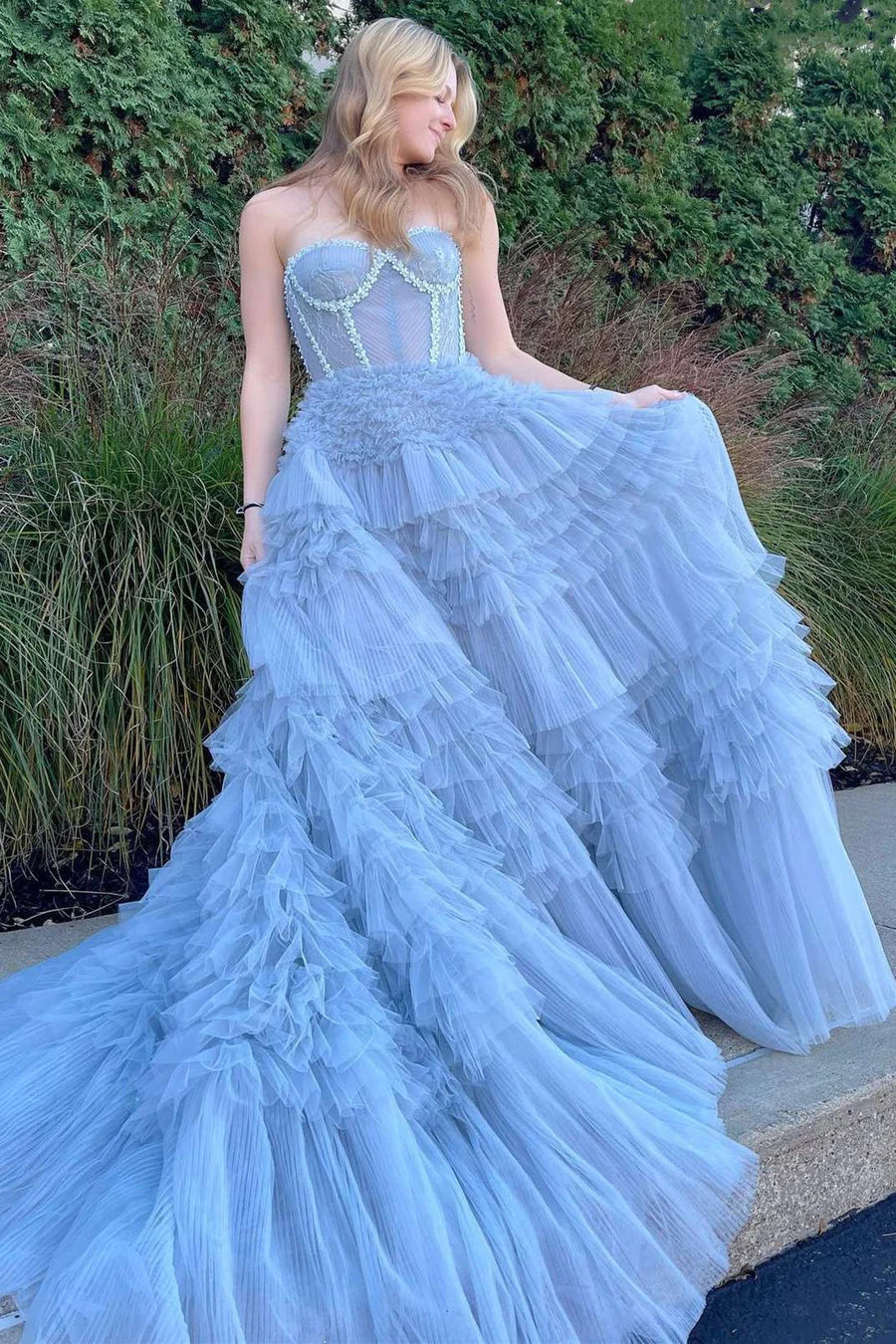 Princess Blue Strapless Tiered Tulle Prom Gown