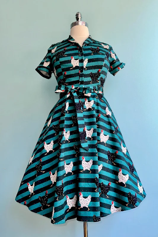 Teal Striped Chicken Knee-Length Shirtwaist Dress by Eva Rose