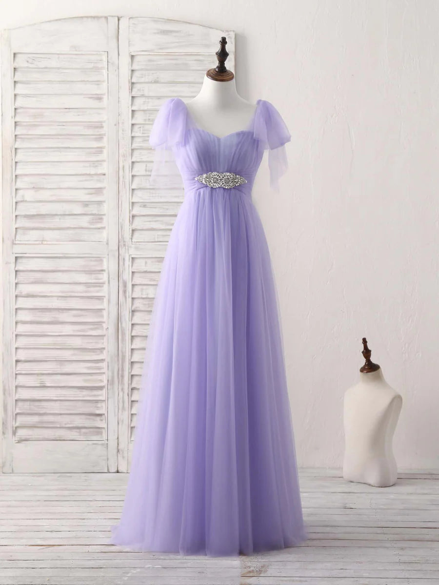 Purple Sweetheart Neck Tulle Long Prom Dress Bridesmaid Dress With Beading