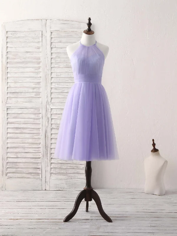 Cute A-Line Purple Tulle Short Halterneck Bridesmaid Dress Simple Purple Homecoming Dress