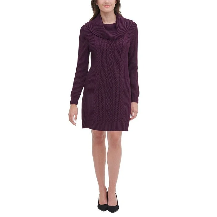 Tommy Hilfiger Women's Casual Aubergine Long Sleeve Cowl Neck Sweater Dress Purple Size S