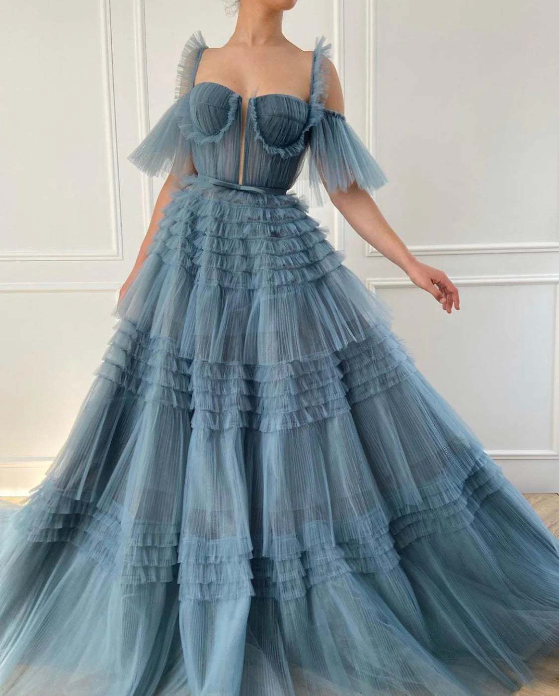 Cute A-Line Blue Ruffled Gown Tulle Floor-length Prom Dress