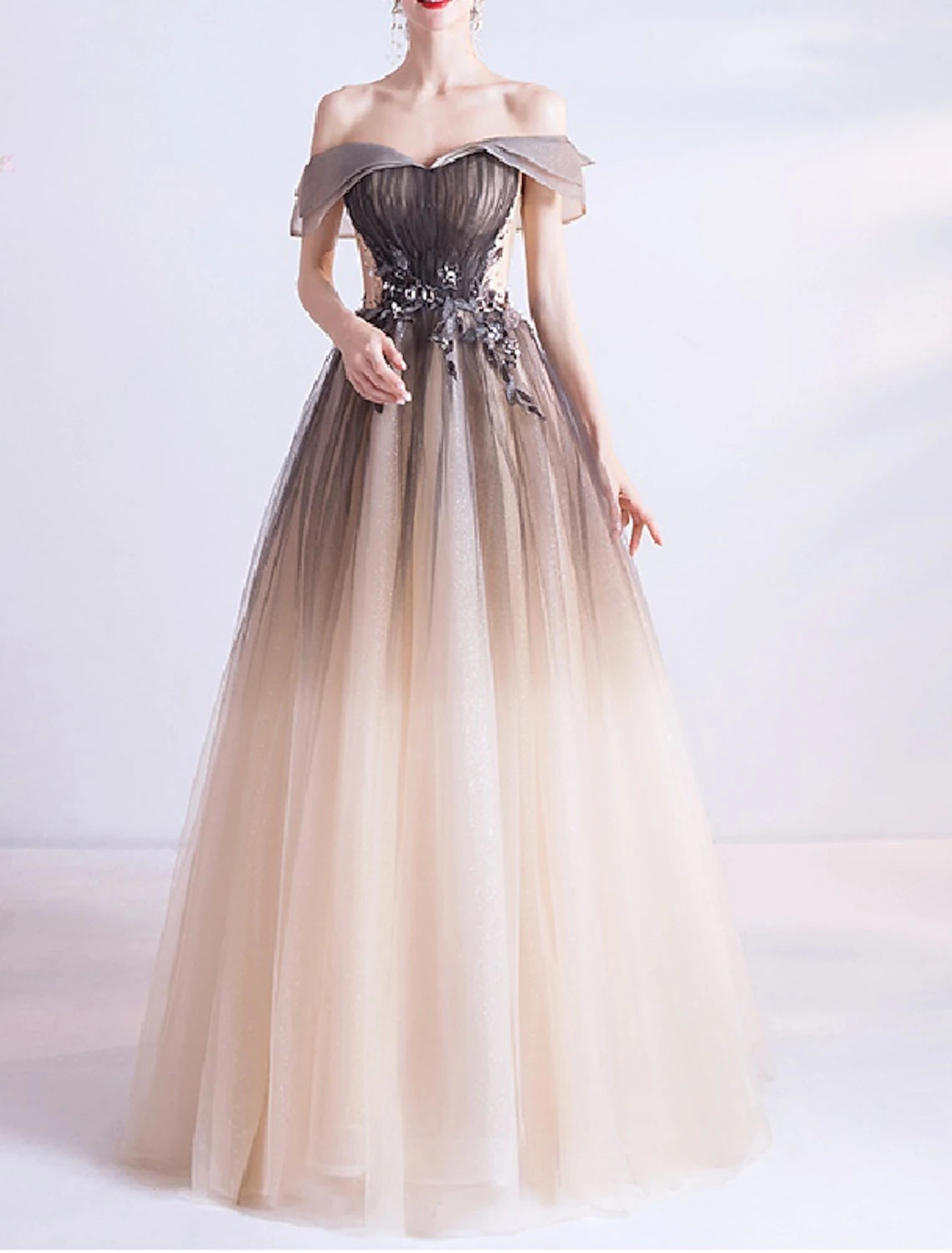 Ball Gown Princess Prom Dress Off Shoulder Sleeveless Floor Length Tulle with Crystals Appliques