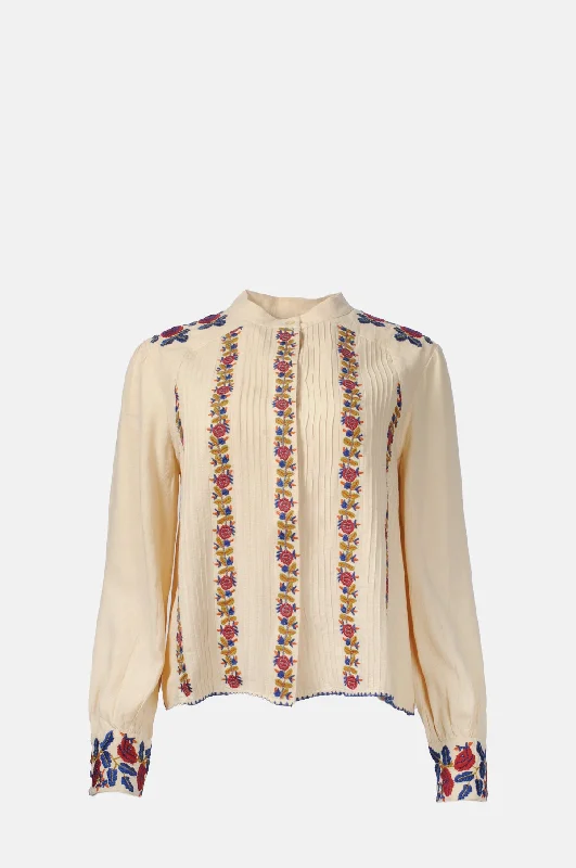 Nan Silk Embroidery L/Slv Pintucked Top Beige