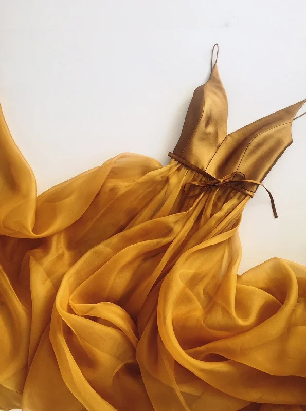Simple Gold Long Prom Dress V neck Bodice With Spaghetti-Straps MP860