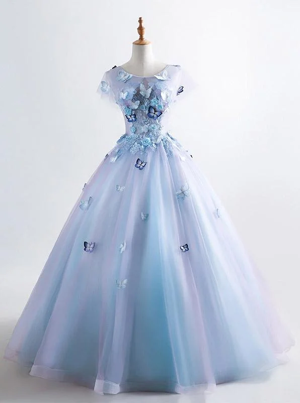 Princess Purple Blue Quinceanera Dress 3D Butterfly Floral Applique Prom Ball Gown MP838