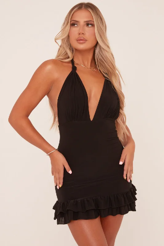 Black Plunge Halter Neck Frill Hem Mini Dress - Riplee