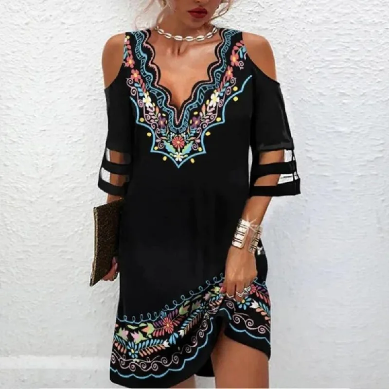 Colorful Ethnic Print Cold Shoulder Black Cut Out Mini Dress