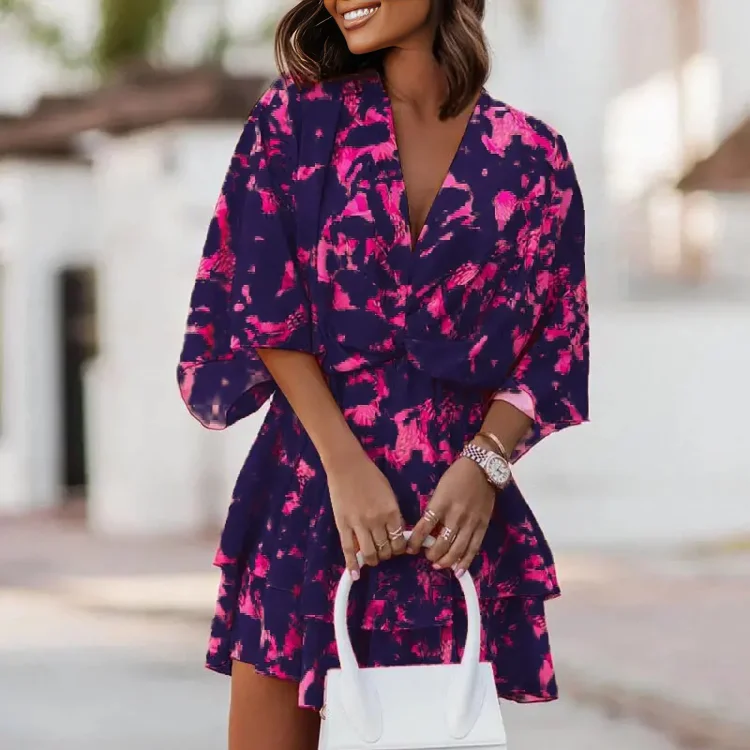 V-Neck Loose Sleeve Elastic Waist Printed Dress