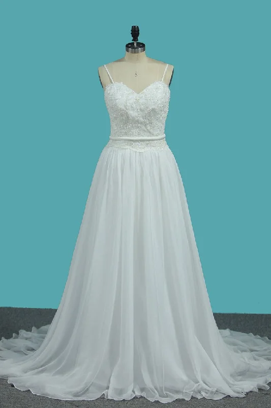 A Line Spaghetti Straps Chiffon Wedding Dresses With Applique