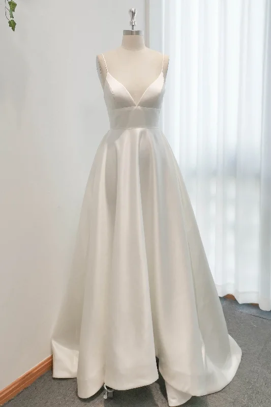 A-Line Sweep-Brush Train Satin Wedding Dress CW3112