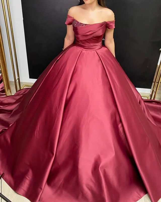 Burgundy Off The Shoulder Ball Gown Dress