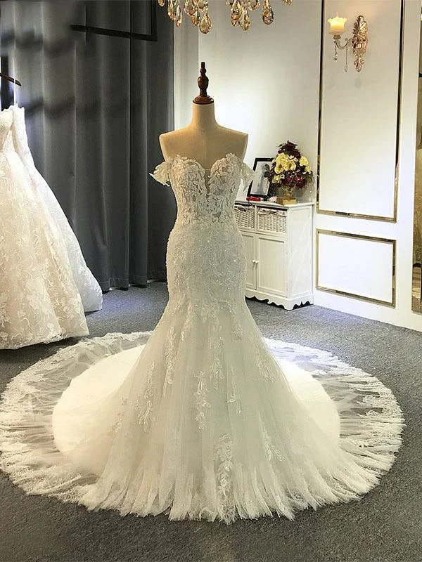 Elegant Off-the-Shoulder Lace Meimaid Wedding Dresses with Train