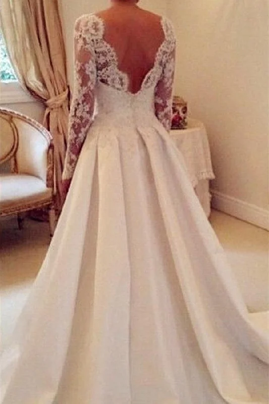 A-line Ivory Long Sleeves Lace Satin Open Back Modest Wedding Dress