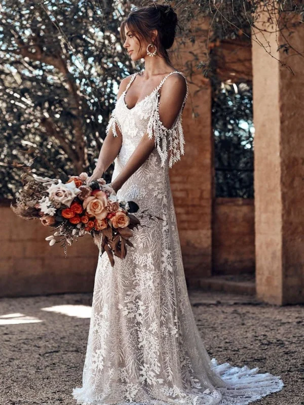 Lace Wedding Dress With Train Ivory A-Line Sleeveless V-Neck Backless Bridal Gowns