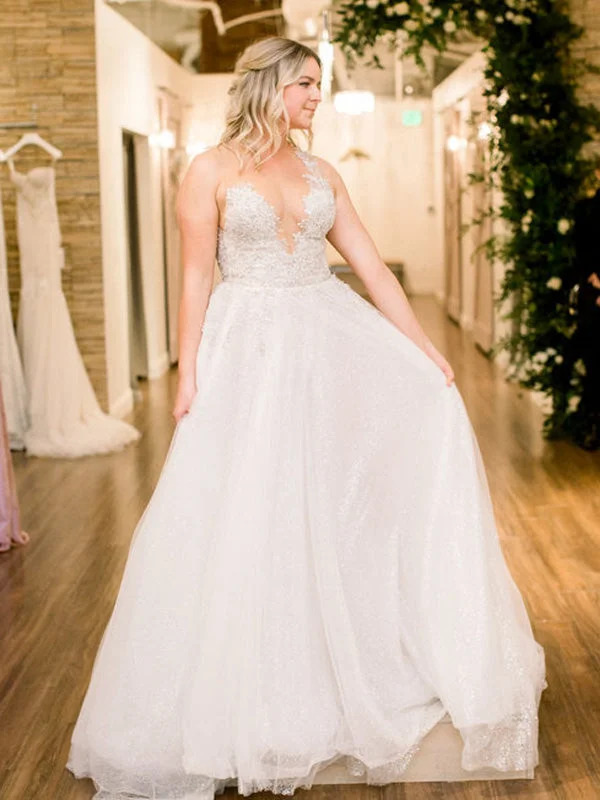 Sexy V-neck A-line Lace Tulle Long Wedding Dresses Online, WDS0080