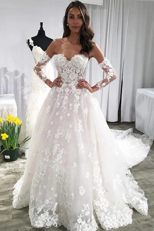 Unique Sweetheart Puffy Lace Appliqued Backless Beach Wedding Dress N1781