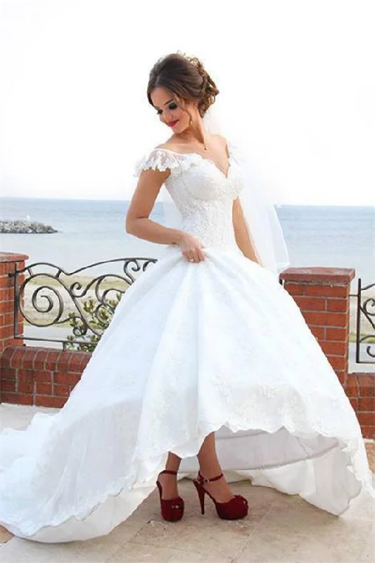 V-neck White Ball Gown Long A-line Lace Long Wedding Dress,Princess Dress