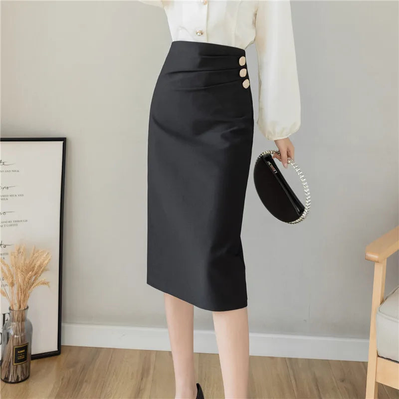 FashionSierra - 2024 New Fashion Button High Waist Pencil Women Spring Summer Formal Midi Lady Elegant Package Hip Skirt