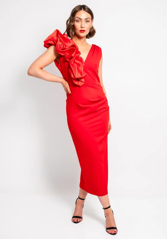 Kevan Jon Bobbie Ruffle Ruched Pencil Dress, Red