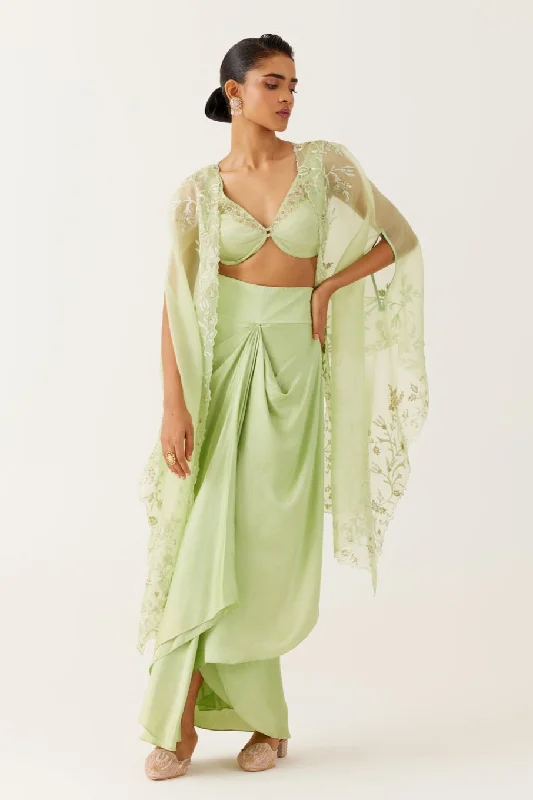 Pistachio Green Sequined Cape and Draped Skirt Set