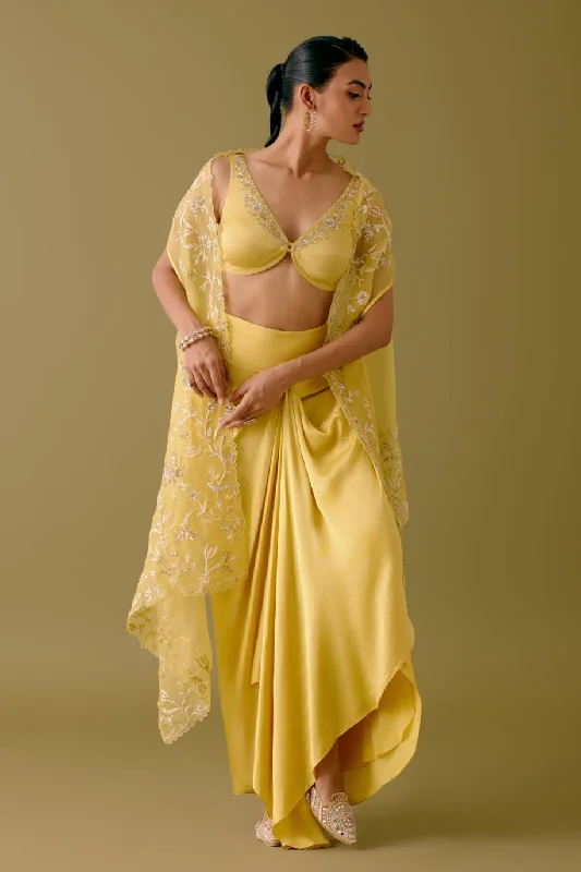 Yellow Sequined Cape and Draped Skirt Set