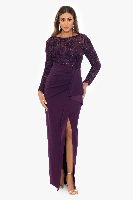 "Tania" Long Sleeve Scuba Crepe With Soutache Top Floor Length Dress