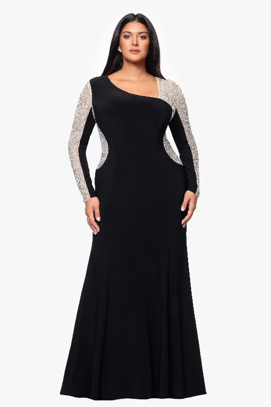 Plus "Anja" Long Jersey Knit Asymmetric Caviar Beaded Dress