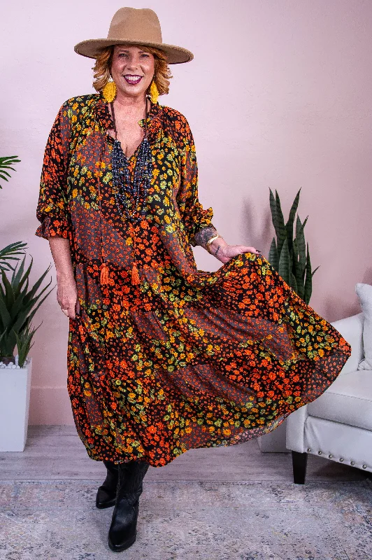 Garden Dreams Orange/Multi Color Floral Color Block Maxi Dress - D5527OR