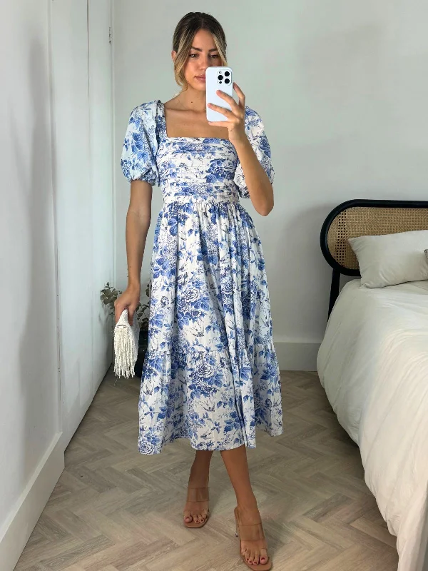 Leighton Puff Sleeve Midi Dress in Blue Floral