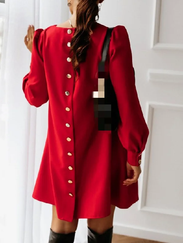 Long Sleeve Loose O-neck Button Solid A-line Elegant Dresses