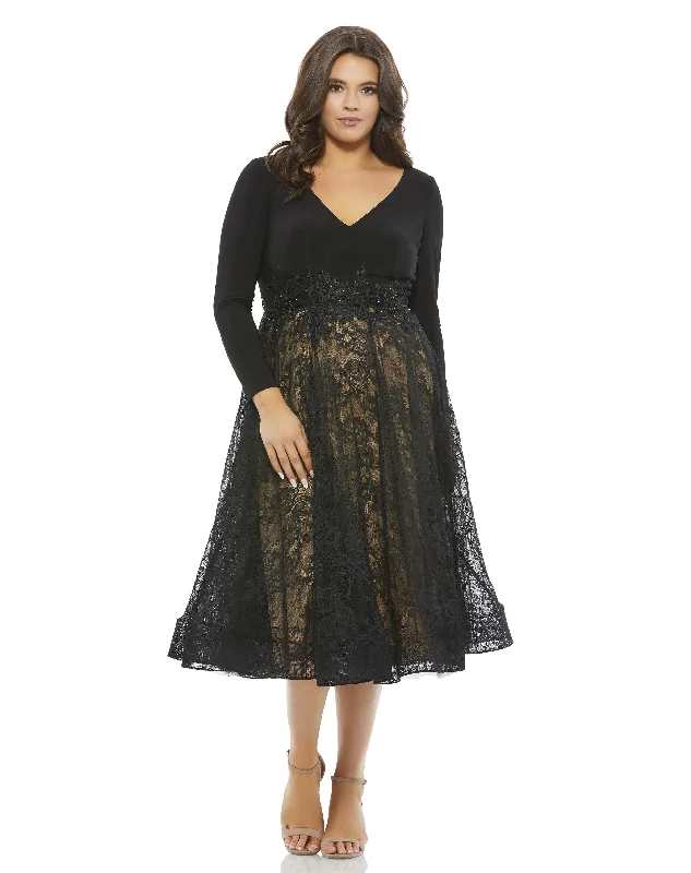 Mac Duggal 67897 Long Sleeve Plus Size Cocktail Midi Dress