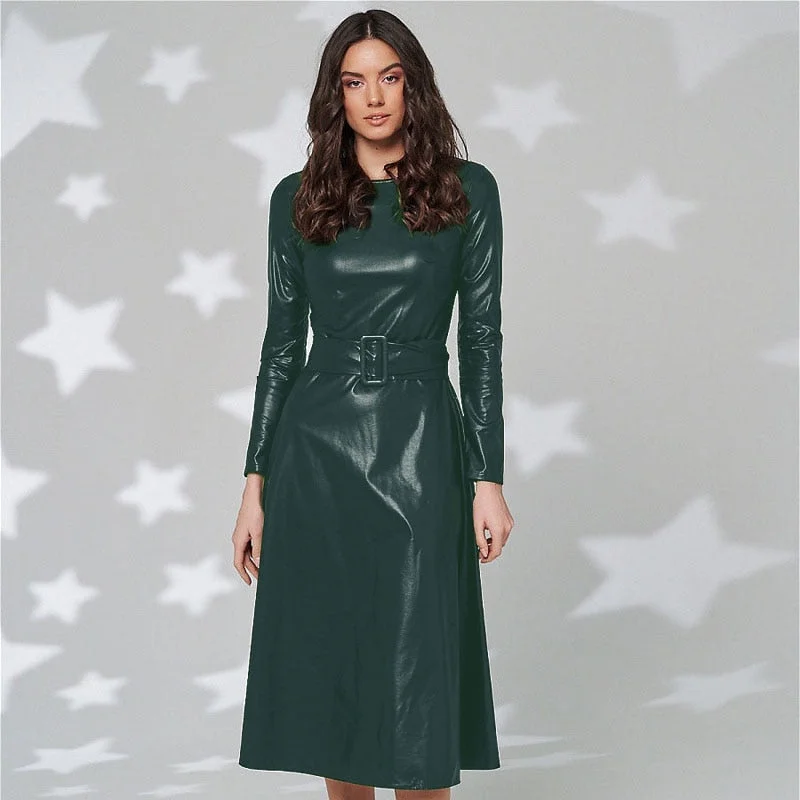 Women Long Sleeve Slim Fit PU Dress