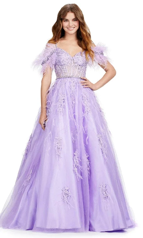 Ashley Lauren 11447 - Feathered Cold Shoulder Evening Gown