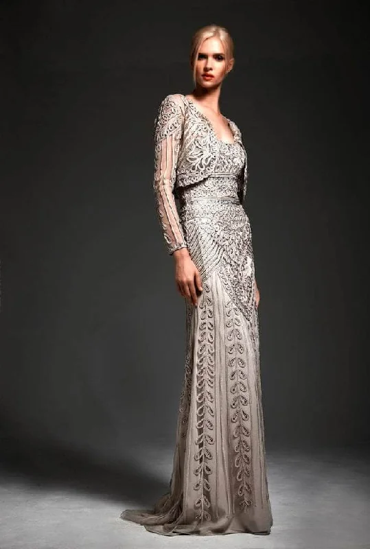 Hynes Park - Long Sleeve Illusion Bolero with Soutache Long Gown 8705 - 1 pc Mocha In Size 12 Available