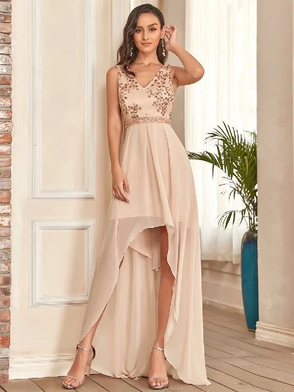 Sleeveless V-Neck Sequin Cherry Blossom High-Low Evening Dress