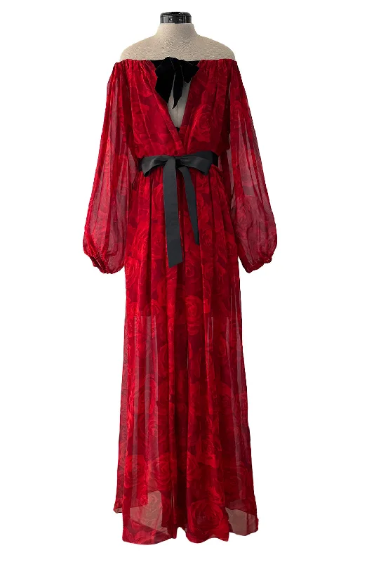 Beautiful Fall 1994 Yves Saint Laurent Red Rose Print Off Shoulder Dress w Velvet Bow